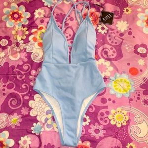 blue deep cut one piece swimsuit
